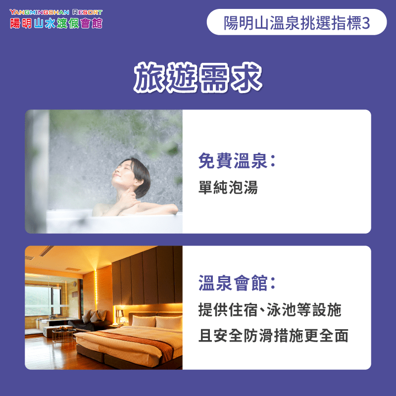 結合住宿與防滑設施,長輩泡湯安心又放鬆 旅遊需求-陽明山免費溫泉 陽明山溫泉會館選擇